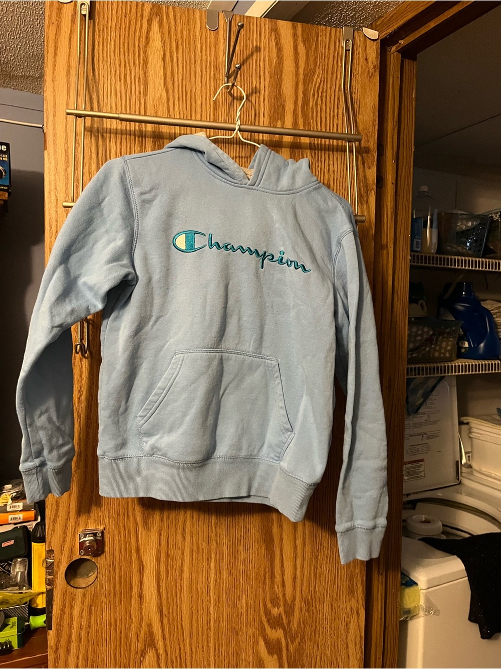 Champion Light Blue Pullover Hoodie with Script Logo